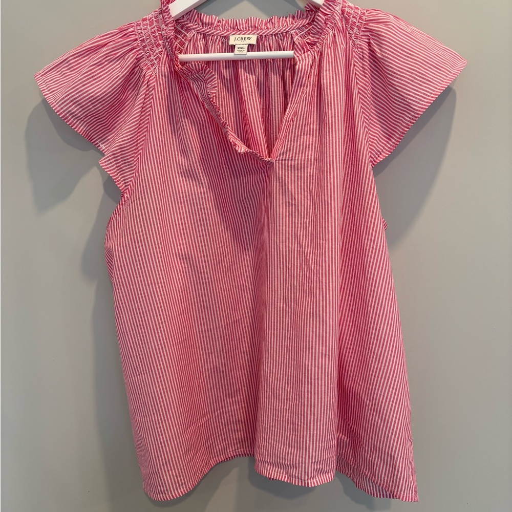 J.Crew Pink White Stripe Flutter Sleeve Top XXL Cotton Ruffle Neck Summer